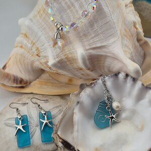 ✨ Sea Glass & Starfish Jewelry Set – Earrings, Pendant & Bracelet ✨